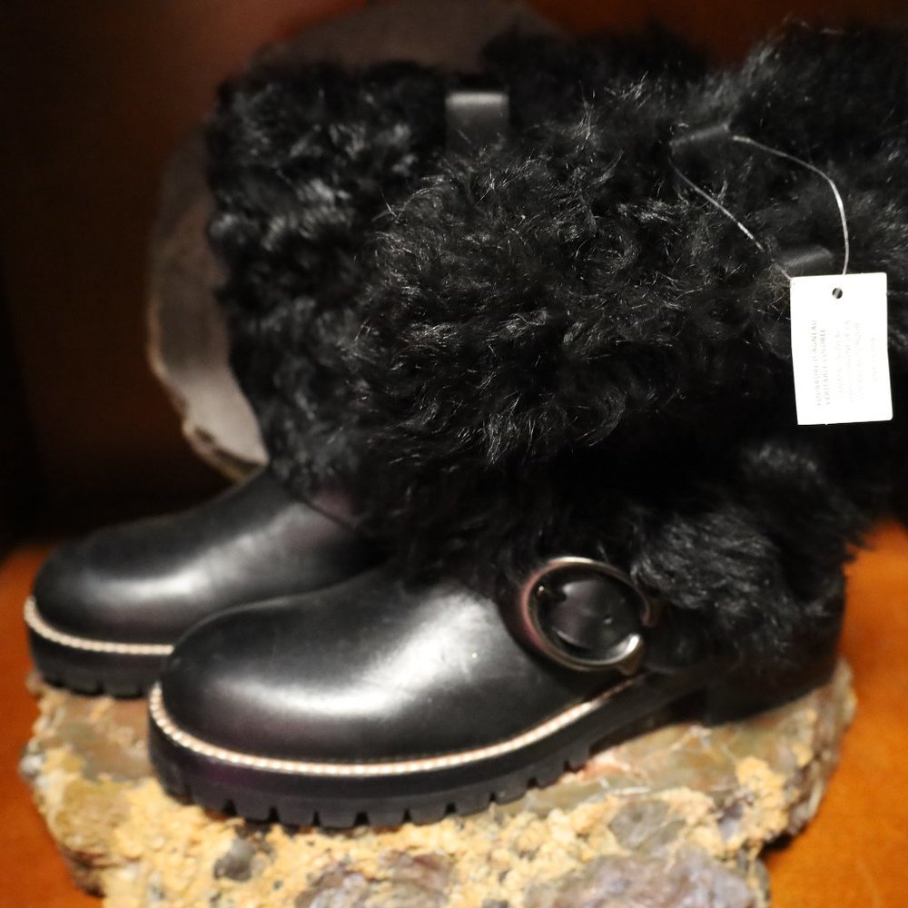 Coach Leighton Black Leather Combat Shearling-Cuff Booties | Size 5.5 | ***NWT**